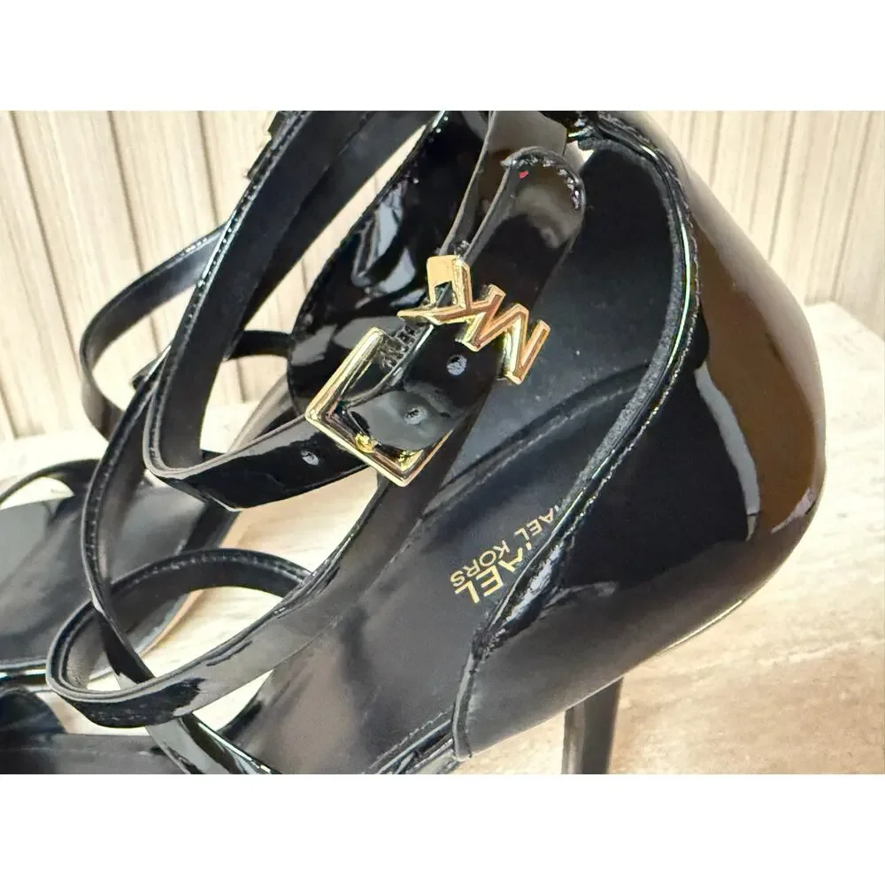 MICHAEL KORS Astrid Sandal Black Patent Leather Women’s Shoes Sz 10